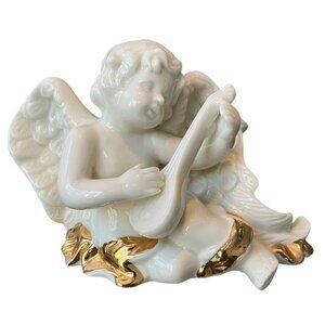 VTG Porcelain White Cherub Angel 24K Gold Sash Playing Harp Sculpture/ Figurine